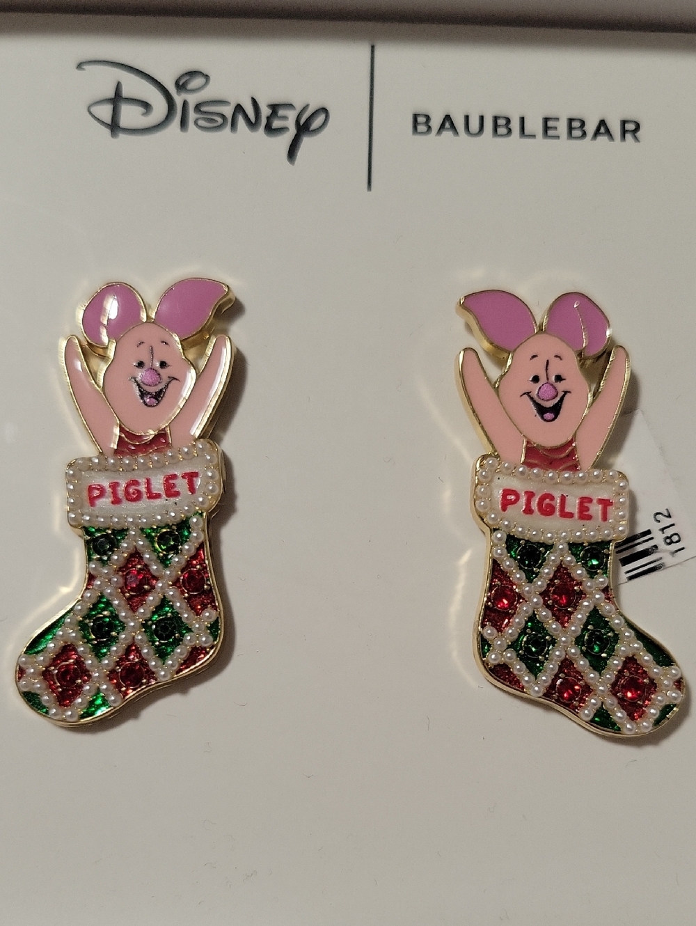 BaubleBar Disney Piglet Pink and Green Holiday Stocking Earrings
